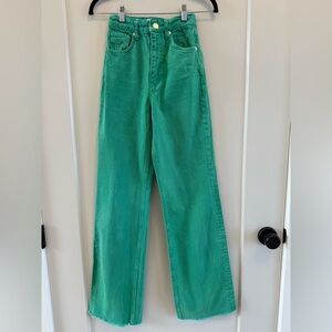 Zara Women’s 2 Wide Leg 100% Cotton Green High-Waisted Jeans with Raw Hem Pocket